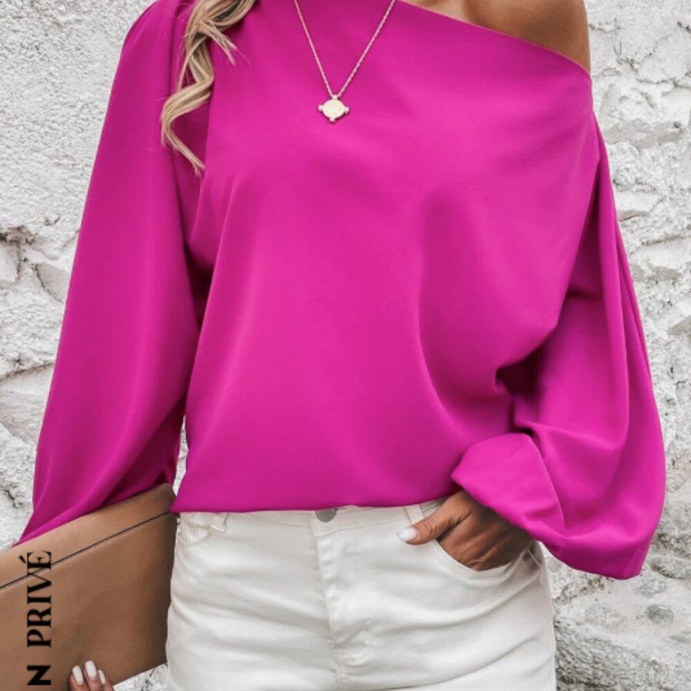 Solid Asymmetrical Neck Lantern Sleeve Blouse- NEVER WORN!
